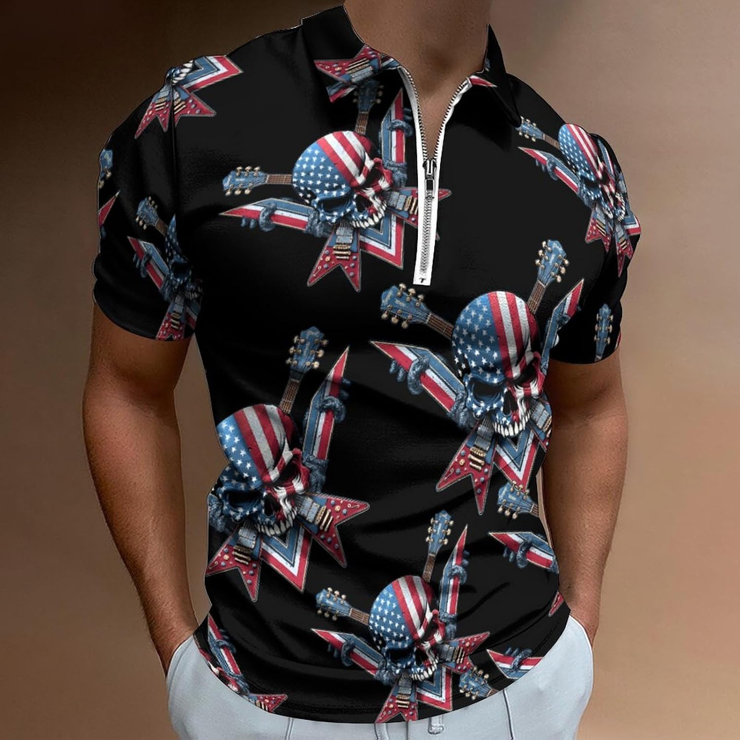 USA Flag Guitar Rocks Skull Men's Polo Shirts Golf Short Sleeve Tops | Casual Workout,Golf T-Shirt,Zippered Tee,Collared,Print