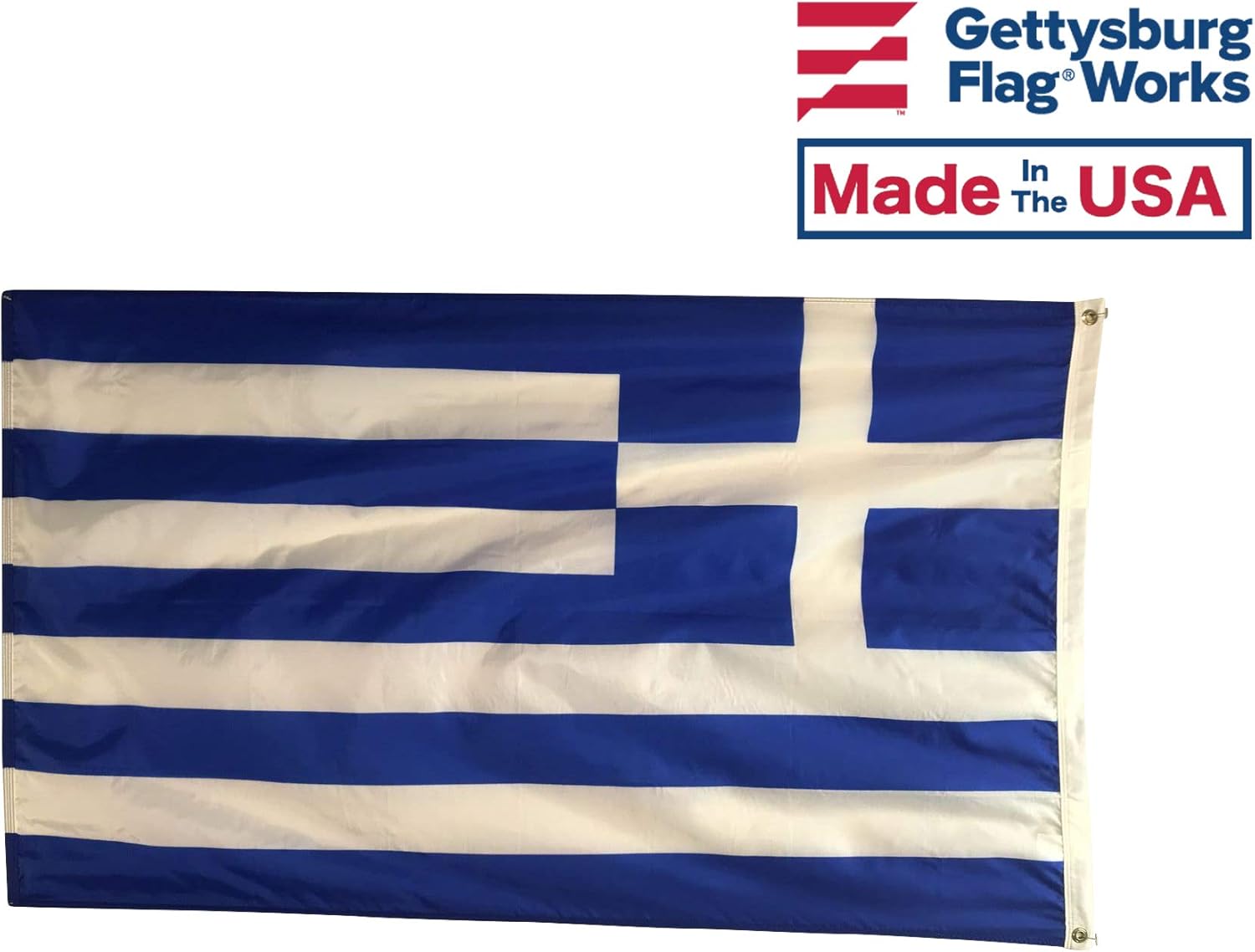 2x3' Greece Flag, Durable and Fade Resistant All Weather Nylon, With Canvas Header and Brass Grommets, 4 Rows of Fly End Stitching, Made in USA