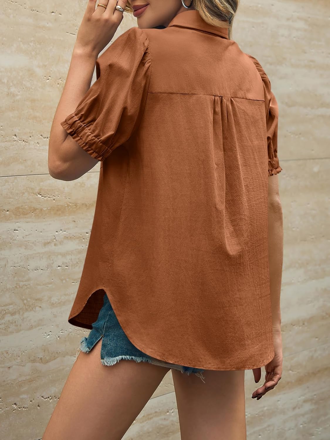 Cicy Bell Womens Puff Short Sleeve Button Down Shirts Summer Casual Collared V Neck Blouse Linen Loose Fit Work Tops - Image 3