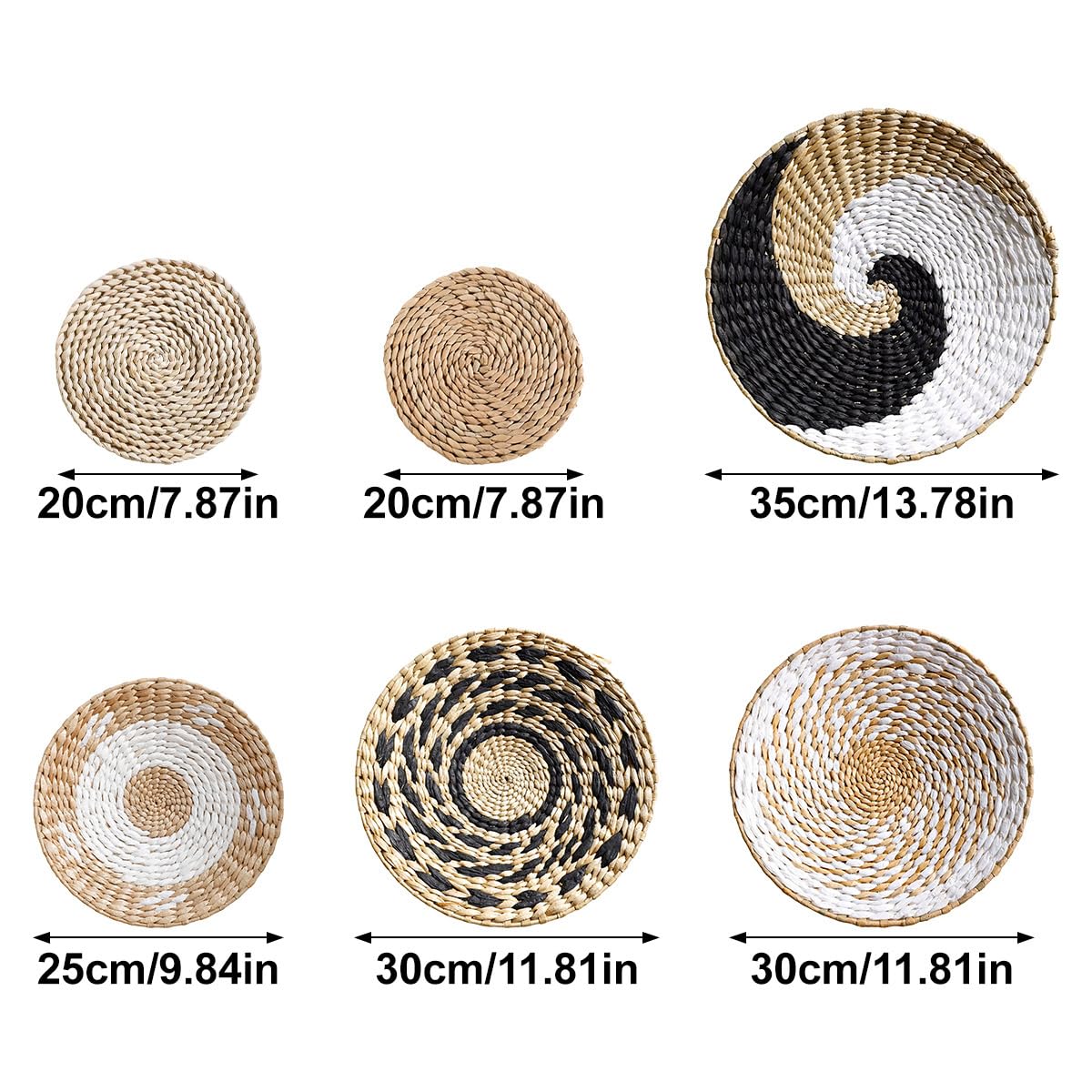 Set mit 4-6 Boho-Wandkörben, runde, Flache, handgefertigte Seegraskörbe für Küche und Wohnzimmer