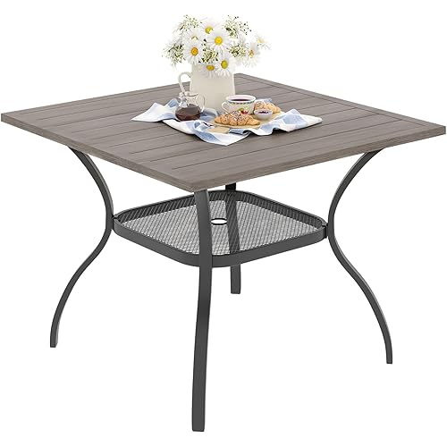 VICLLAX Patio Dining Table for 4 Square Metal Outdoor Table with Umbrella Hole and Storage Shelf for Garden Lawn Balcony Deck, Grey