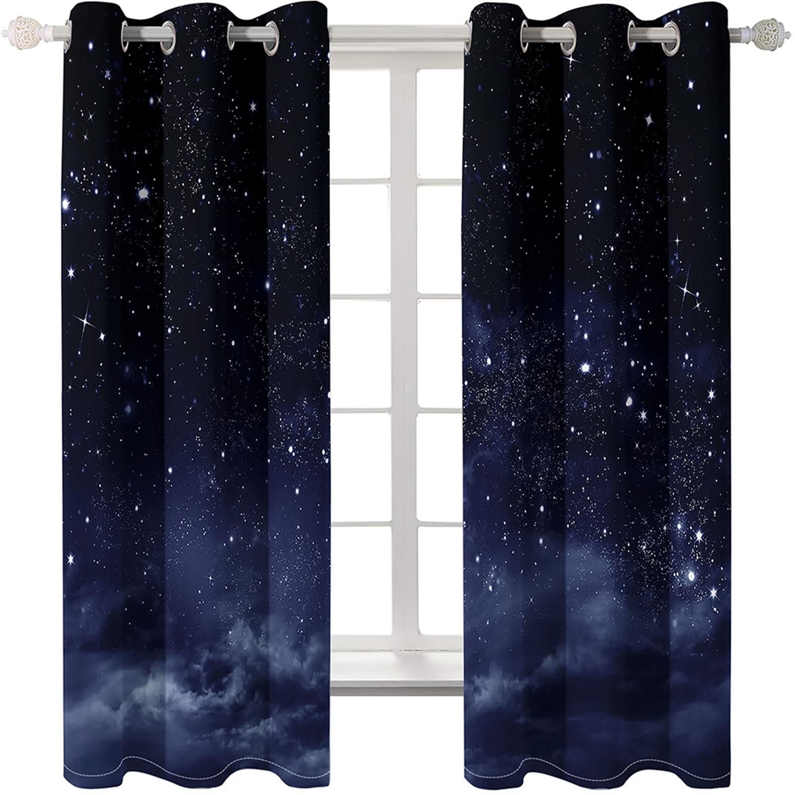 Cortinas de salón opacas para interiores, 2 unidades, cortina elegante para ventana con ollaos, paisaje de nubes y cielo estrellado, cortinas para dormitorio, 234 x 274 cm (ancho x alto), azul