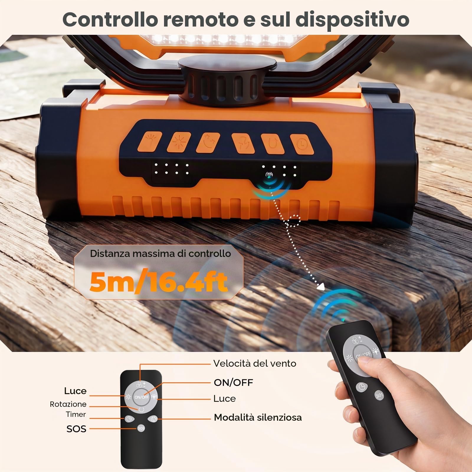 Ventilatore da Campeggio con Luce, Alimentazione a Batteria 20000mAh, Ventilatore Portatile Ricaricabile con Telecomando e Gancio Rotante a 360°, 4 Velocità per Interni, Viaggi, Camper (Arancione)