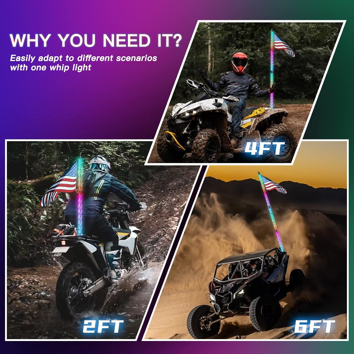 Paire De Fouets Lumineux LED 4 Pieds (121 Cm) – RGB Télécommandé, IP67, 9-30V Pour UTV, 4x4, Buggy