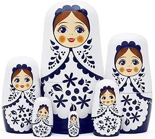 Cute Little Girl Nesting Dolls, White and Blue Girls Russian Nesting Dolls Set of 6 Flower Girl Wooden Matryoshka Dolls Wishing Doll for Birthday Kids Stacking Toy Boy Girl Gift Home Decoration