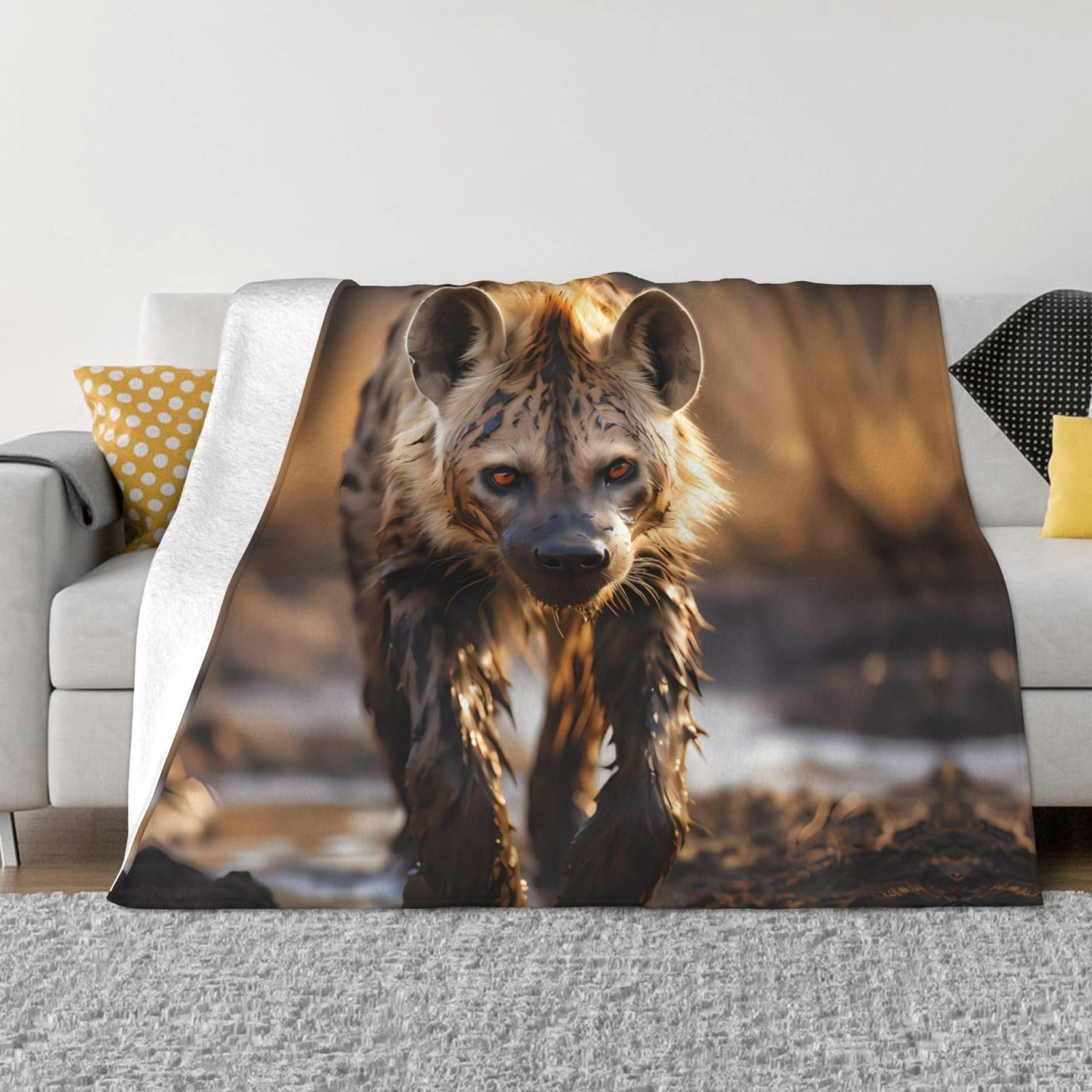 Couverture pelucheuse en flanelle imprimée hyène pour grand lit