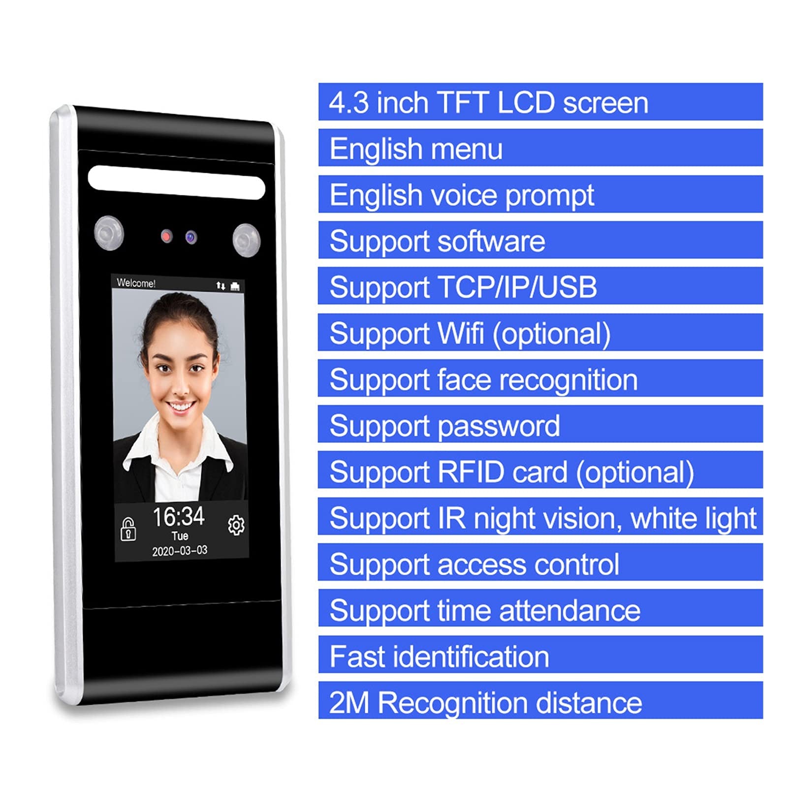 Zeiterfassung für Kleinbetriebe, Zugangskontrolle-Tastatur WiFi TCP/IP/USB Dynamic Face Biometric System Gesichtszeit Anwesenheitsmaschine ID IC(Kit 2)
