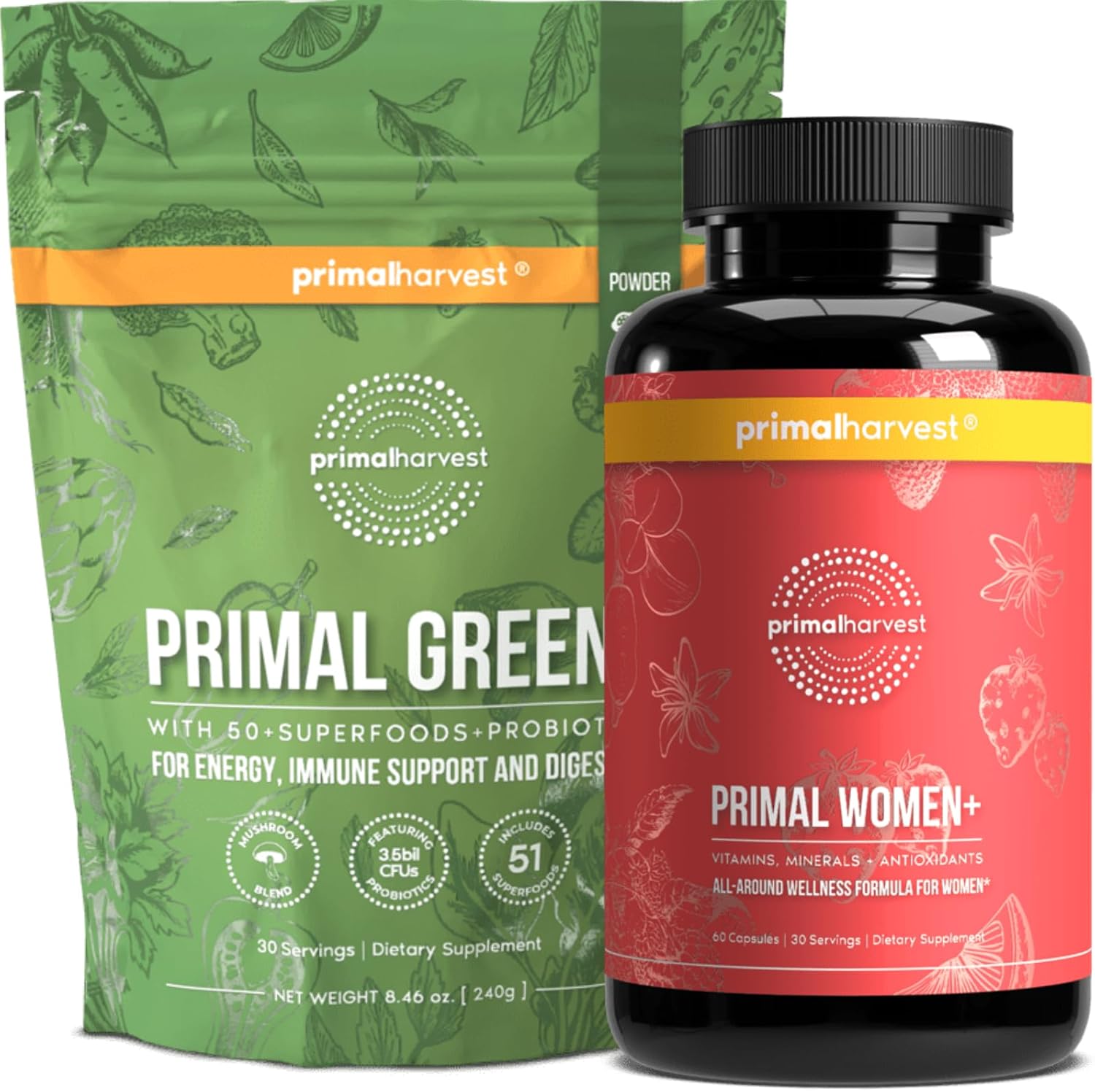 Primal Harvest Greens Powder & Womens Multivitamin Supplements for Men, Bundle