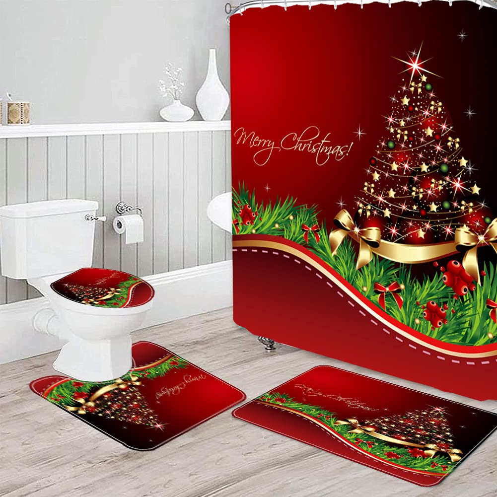 Weihnachts-Duschvorhang Set – 4-teilig Mit Weihnachtsmann-Motiv, 183 X 183 Cm, Inkl. Matte & WC-Sitzbezug