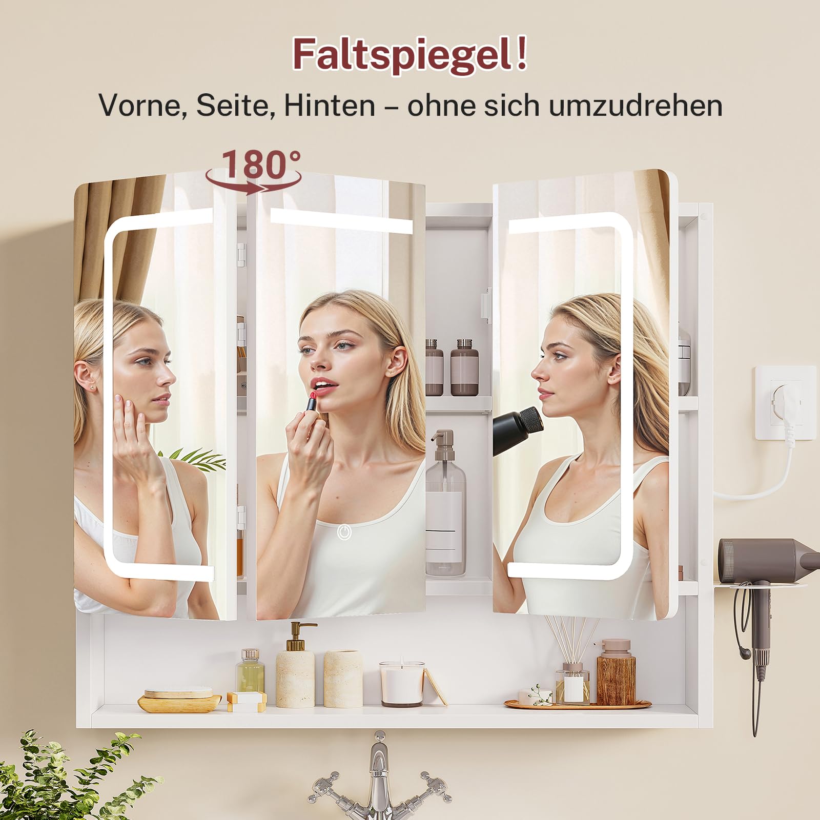 TEENFON Spiegelschrank Bad mit Beleuchtung LED, Badezimmer Spiegelschrank mit Klappspiegel und Steckdose, 3-Fach Farbtemperatur dimmbar, Haartrockner-Halter, verstellbare Ablagen, 70x15x65cm