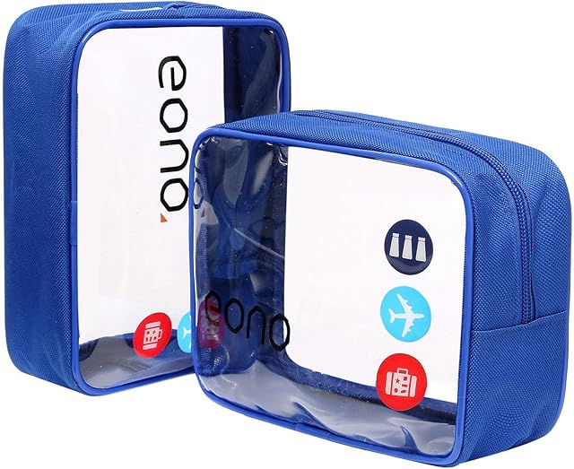 Eono Clear Toiletry Bag Waterproof Toiletry Travel Bag Clear PVC Zippered Cosmetic Bag Cosmetic Makeup Bag Clear Wash Bag Toiletry Organizer for Travel Men and Women - Blue, 2 Pack