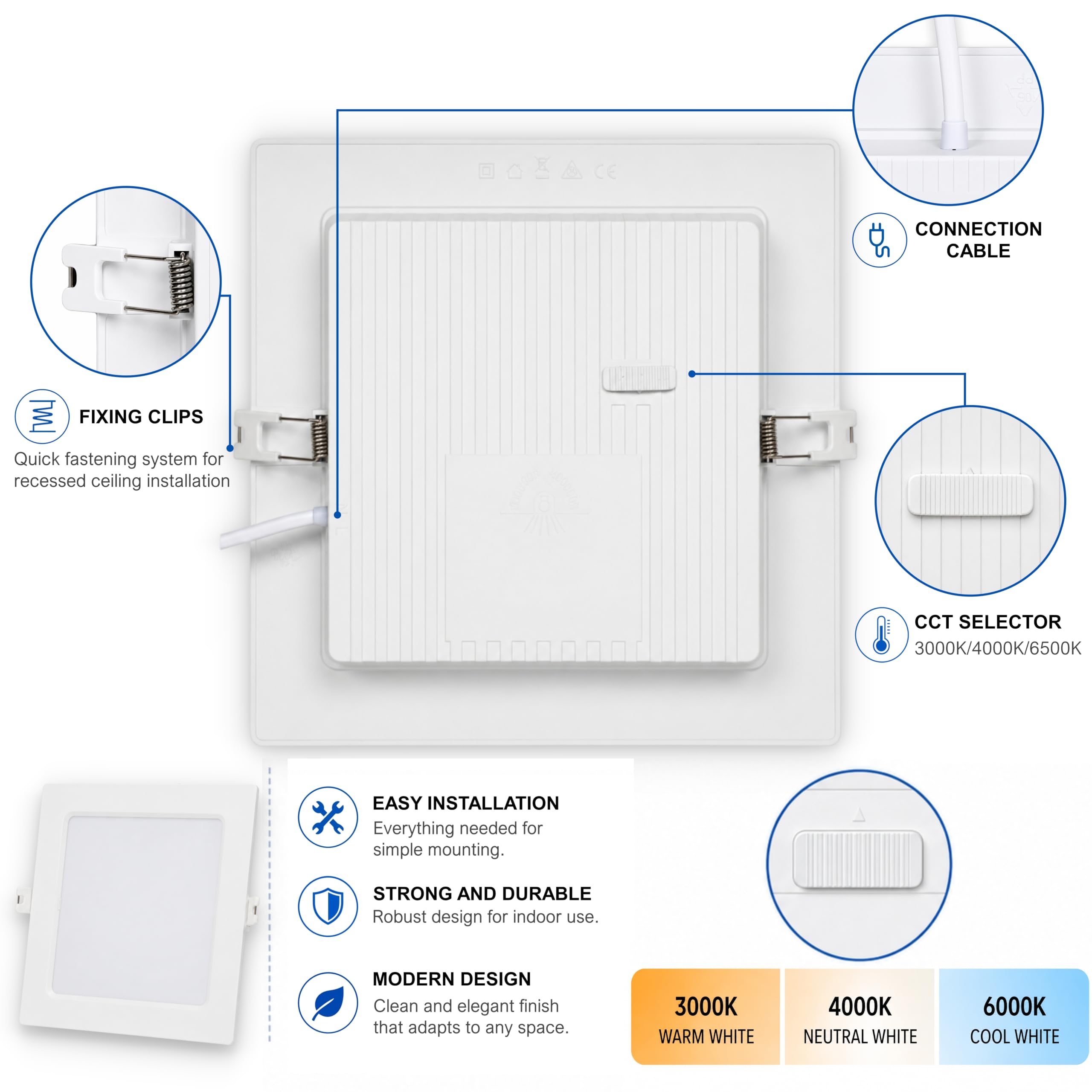 CLAR – Faretto quadrato da incasso 20 W, Downlight per bagno, lampadario moderno per ufficio o camera da letto, CCT (3000ºk-4000ºk-6500ºk) (Pack 10)