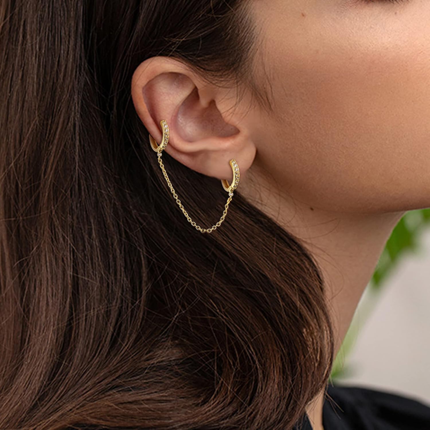 THUNARAZ 4 Pairs Trendy Chain Earrings for Women 14K Gold Plated Double Piercing Butterfly Dangle Hoop Earrings Sparkled CZ Chain Hoop Cartilage Studs Earrings Set - Image 4