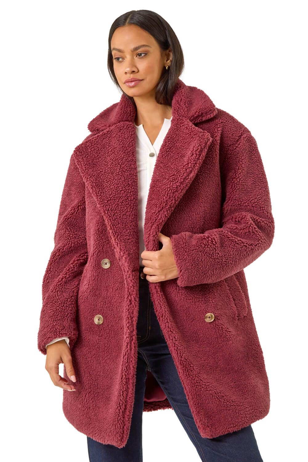 Roman Originals Women's Burgundy Dusk Fashion Oversized Boucle Coat For Uk - Everyday Autumn Winter Comfy Soft Evening Vacation Work Party Night Out - Size 14