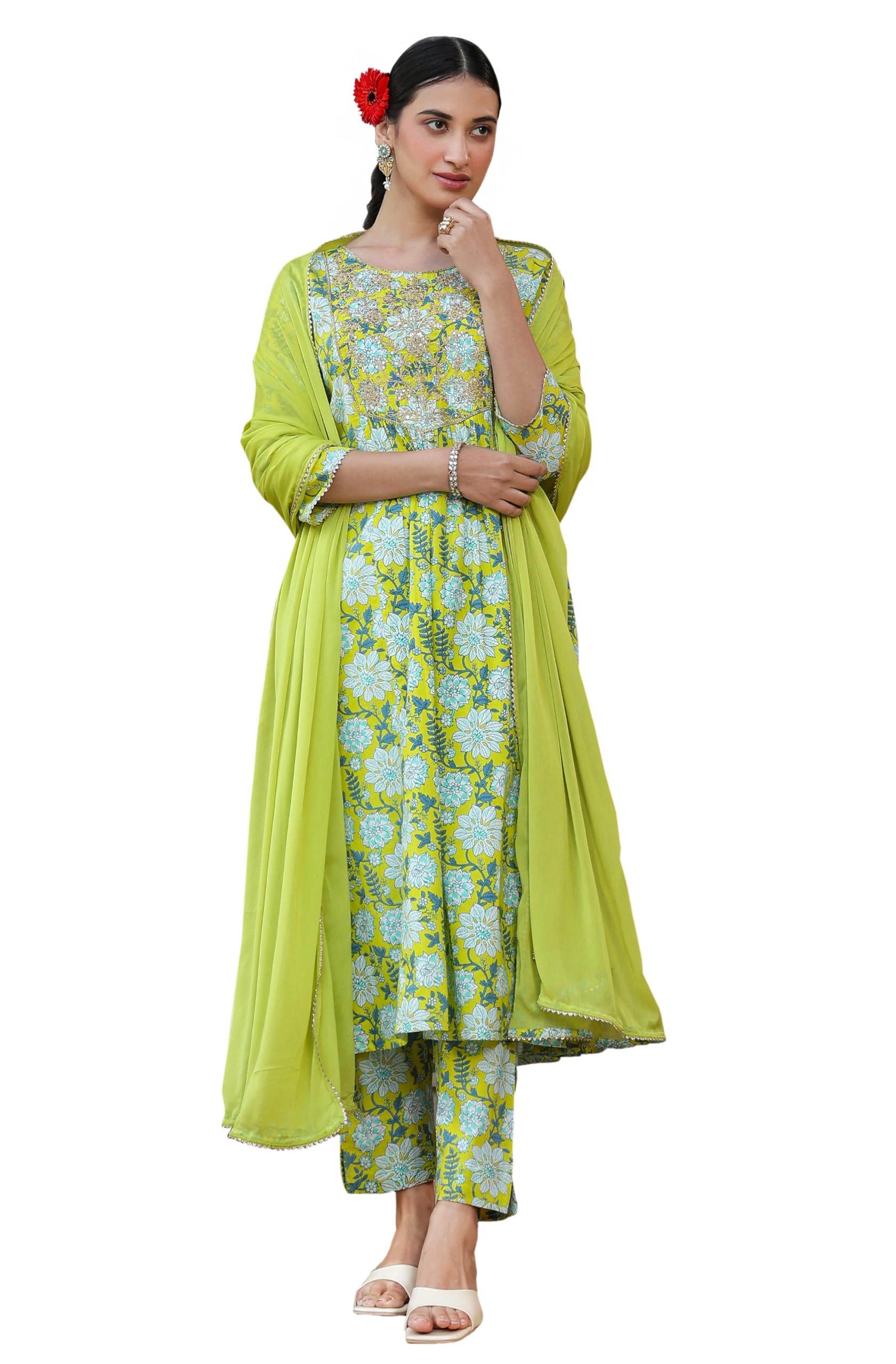 janasya Women's Lime Green Pure Cotton Floral Printed Yoke Design A-line Kurta Set-picture-40