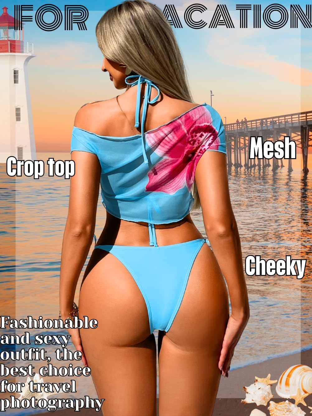 Women Sexy Floral 3 Piece Swimsuit, Halter String Cheeky Bikini Set Mesh Cover Up Crop Top, Bathing Suit Beach Outfit