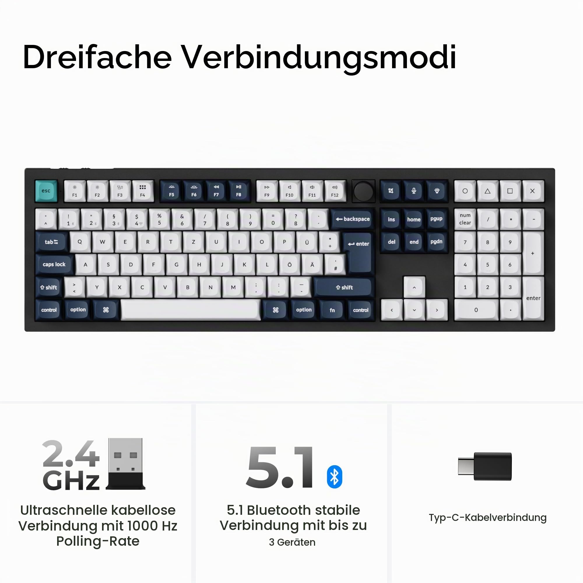 Keychron Q6 Max mechanische Gaming-Tastatur, 2,4 GHz & Bluetooth 5.1, ISO-DE-Layout, CNC-gefrästes Aluminiumgehäuse, programmierbar mit QMK/VIA, für Mac, Windows und Linux, Gateron-Bananenschalter
