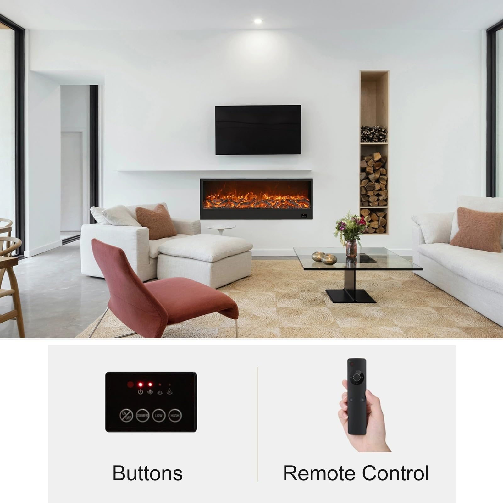 Chimenea Eléctrica Insertable, Chimenea de Leña Independiente, Control Remoto, Intensidad de Llama Ajustable, Sin Calefacción(140x50cm)