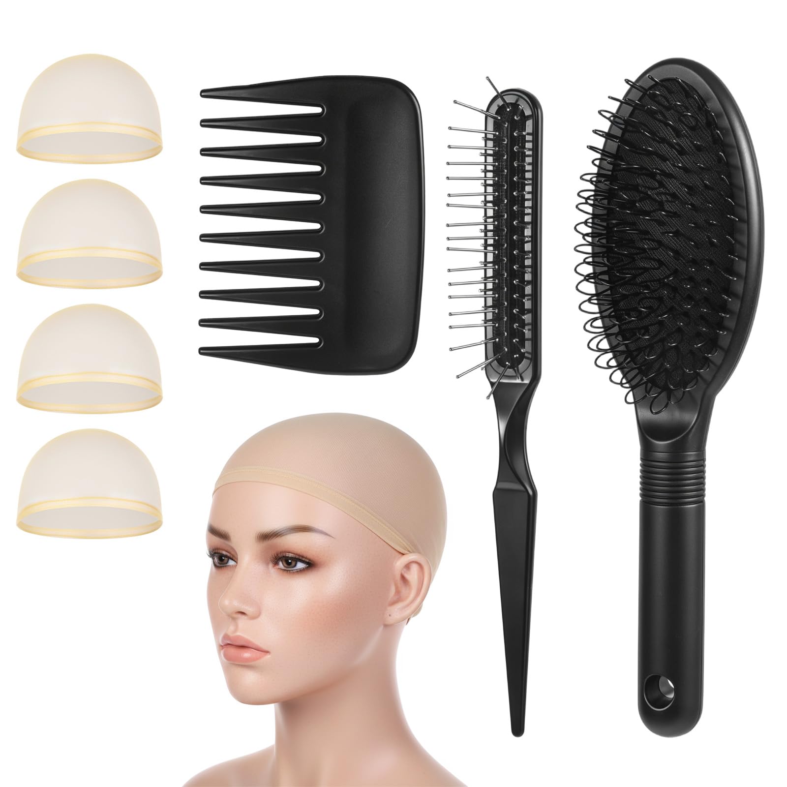Hadnves 3 PCS Wig Brush Comb Set with 4 PCS Wig Cap Professional Extension Brush Loop Wigs Brushes Hair Extension Wide-Tooth and Edge Combs for Human Wigs Synthetic Hair Travel Home Use