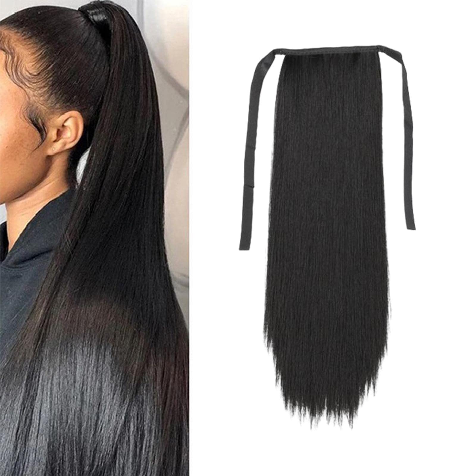 Extension de Queue de Cheval Longue Lisse avec Cordon Faux Postiche Noir Perruque Synthétique Fibre Résistante à La Chaleur Fixation Par Pince Confort, 75CM