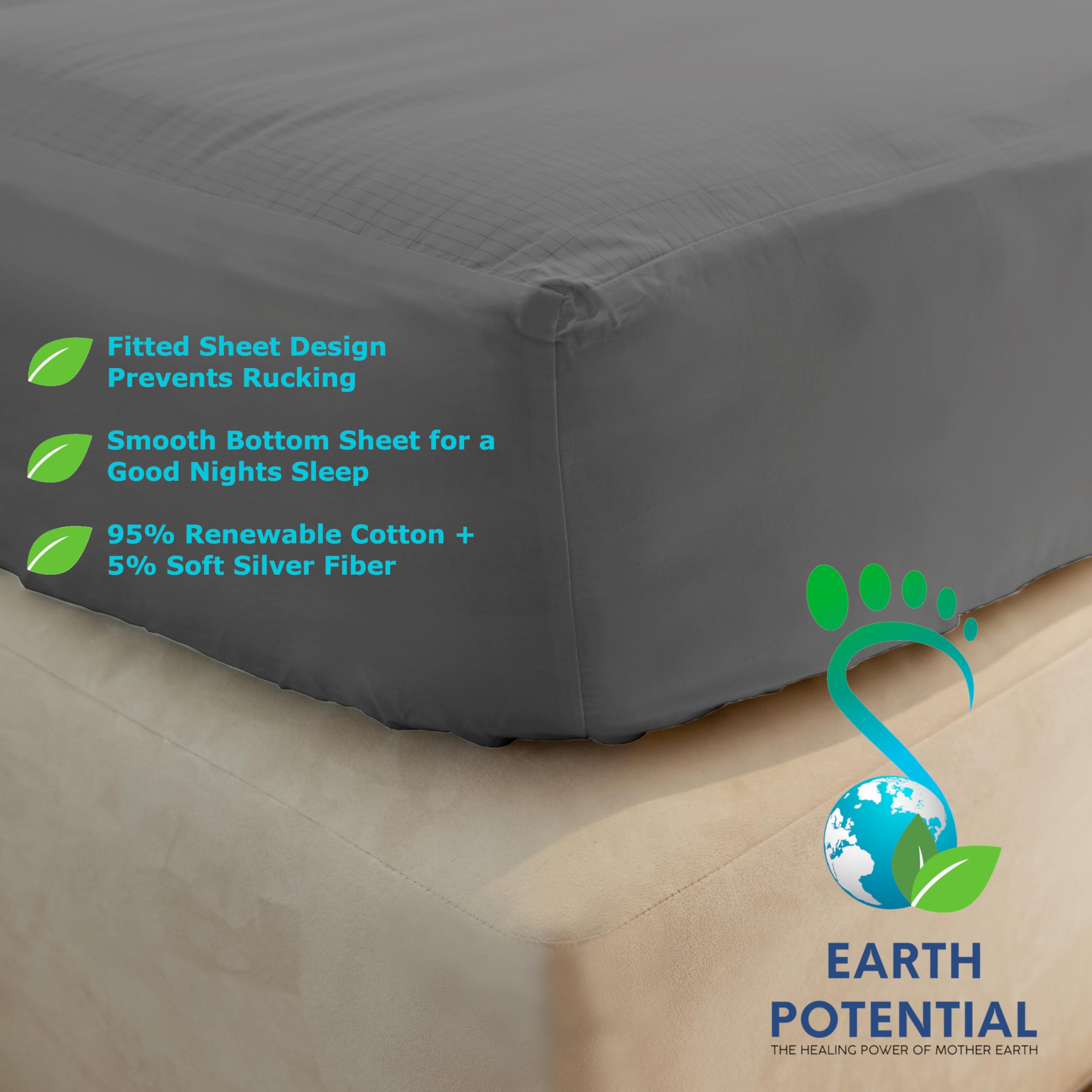 Earthing - Lenzuolo con angoli per letto king size, 160 x 200 x 25 cm, 95% cotone e 5% morbido filo conduttivo argentato per una guarigione e un sonno migliore, cavo di messa a terra da 5 m e spina di