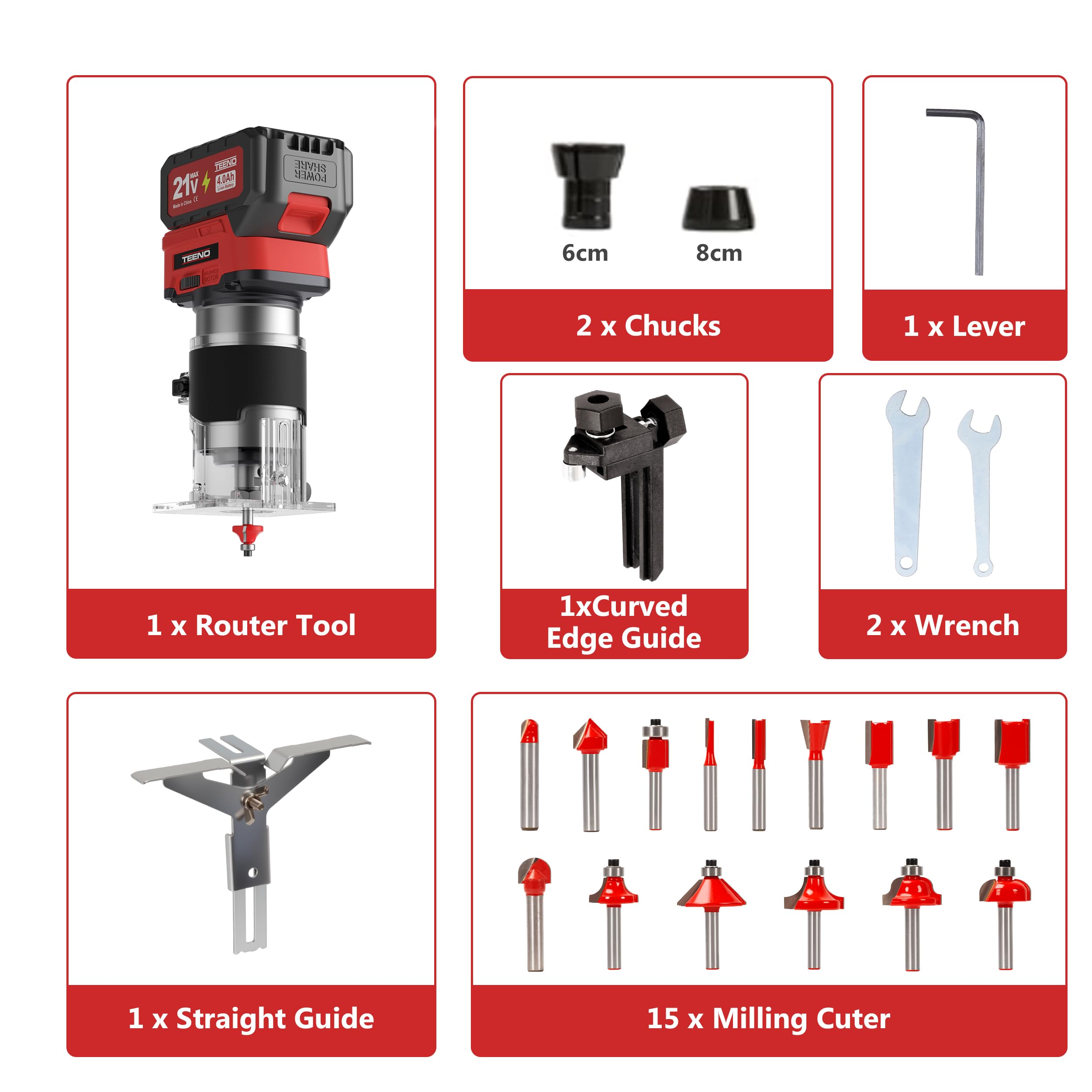Fresadora De Madera Rebajadora Eléctrica 20 V, mini trituradora portátil con 2 baterías de 4,0 Ah y motor sin escobillas, 6 velocidades variables hasta 35,000 RPM, viene con guía de borde, guía de