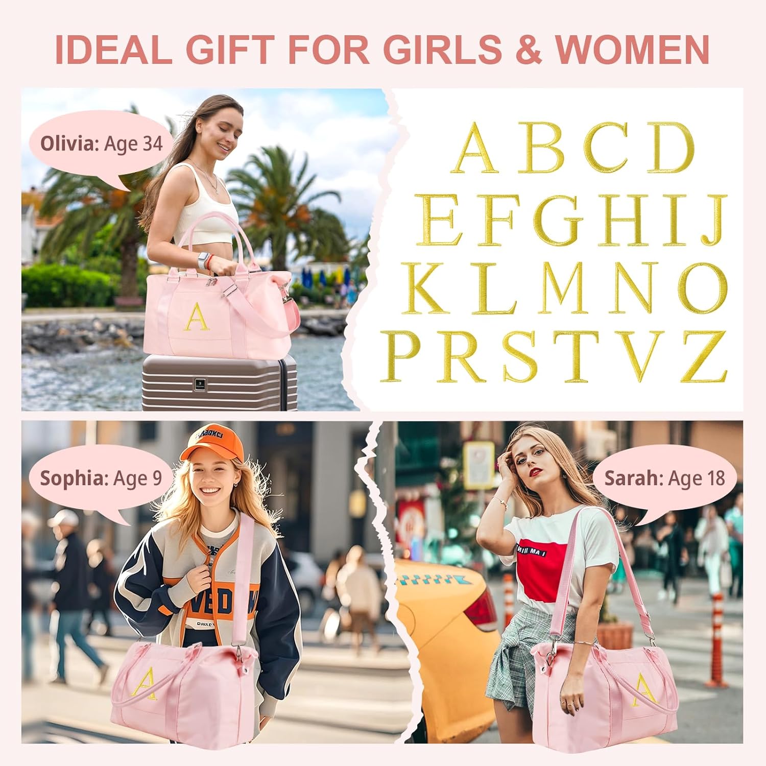 Personalized Initial Gym Dance Bag, Travel Duffel Bag for Teen Girls, Carry On Bag Overnight Weekender Bag with Trolley Sleeve, Birthday Gifts for Women Mom Daughter Graduation Gift(Letter A, Pink) - Image 6