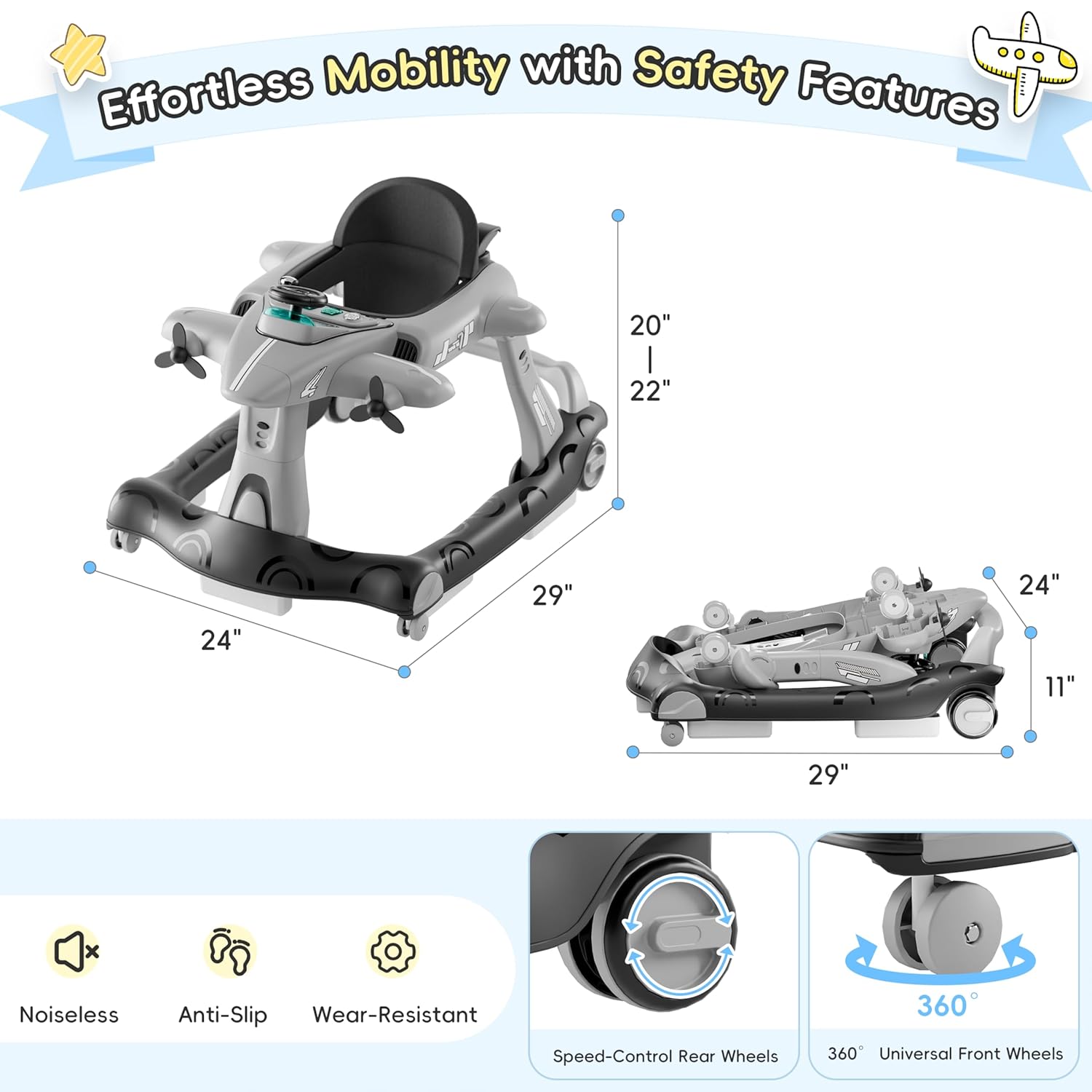 Xilingol 6-in-1 Baby Walker with Wheels, Adjustable Height & Speed Activity Walker with Padded Seat, Foldable Walker for Babies, Toddler Push Walkers for Boy & Girl 6-18 Months, Music & Light