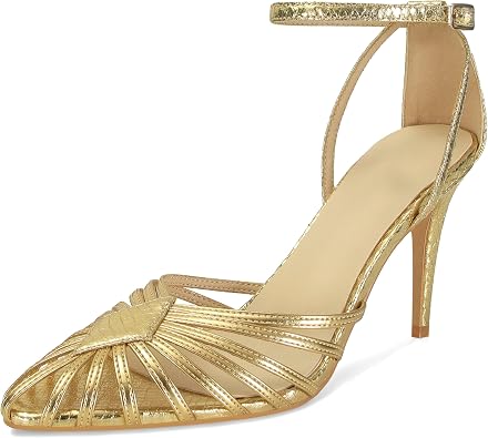 SOVANYOU Gold Heels for Women Closed Pointed Toe Ankle Strap High Heels Womens Stiletto Pumps for Wedding Prom Party Shoes