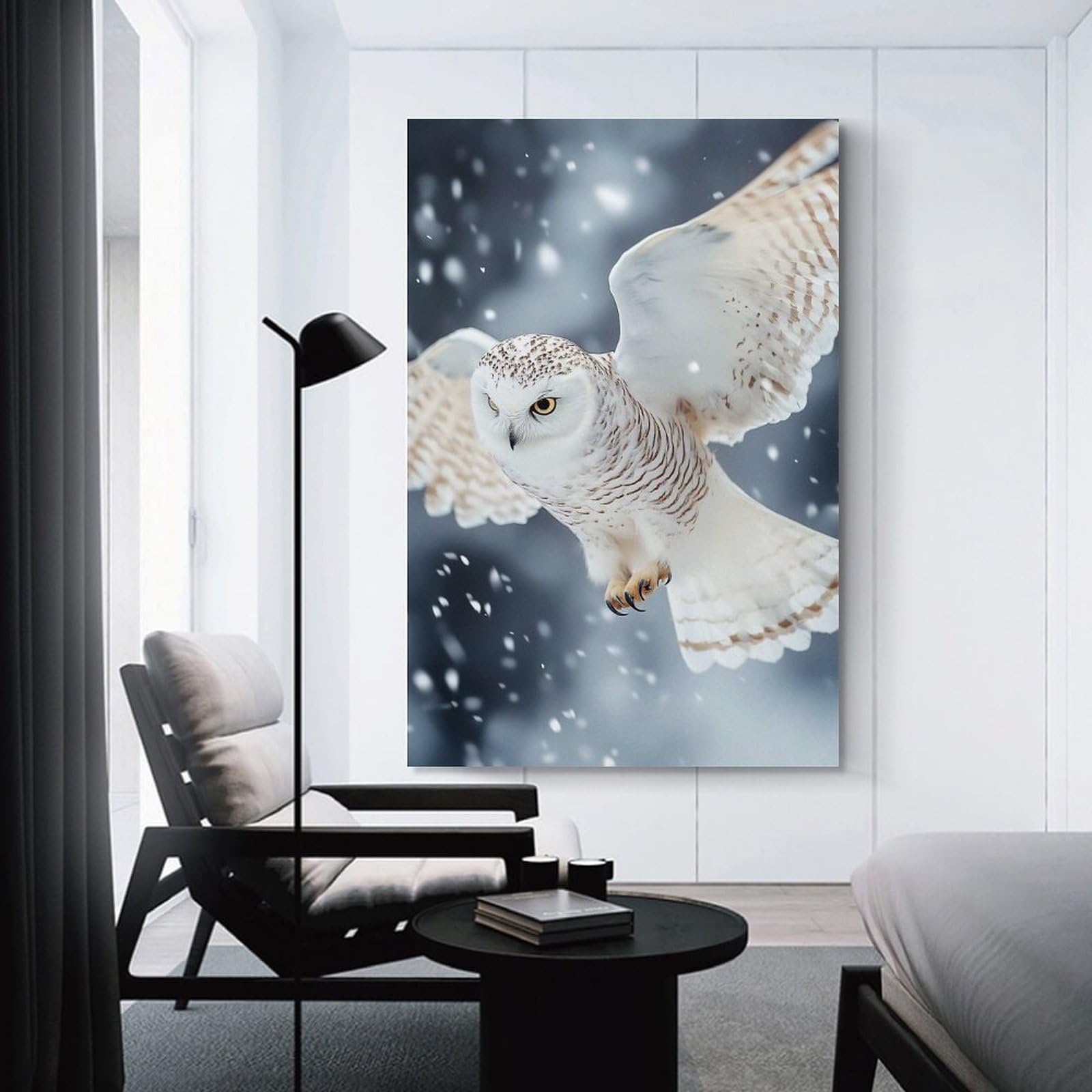 Junmoney Wall Art Print Snowy Owl in Flight, 20x30inch(50x75cm), for Home Lounge, Bedroom Or Reading Nook, Modern Wall Decor for Cosy Interiors