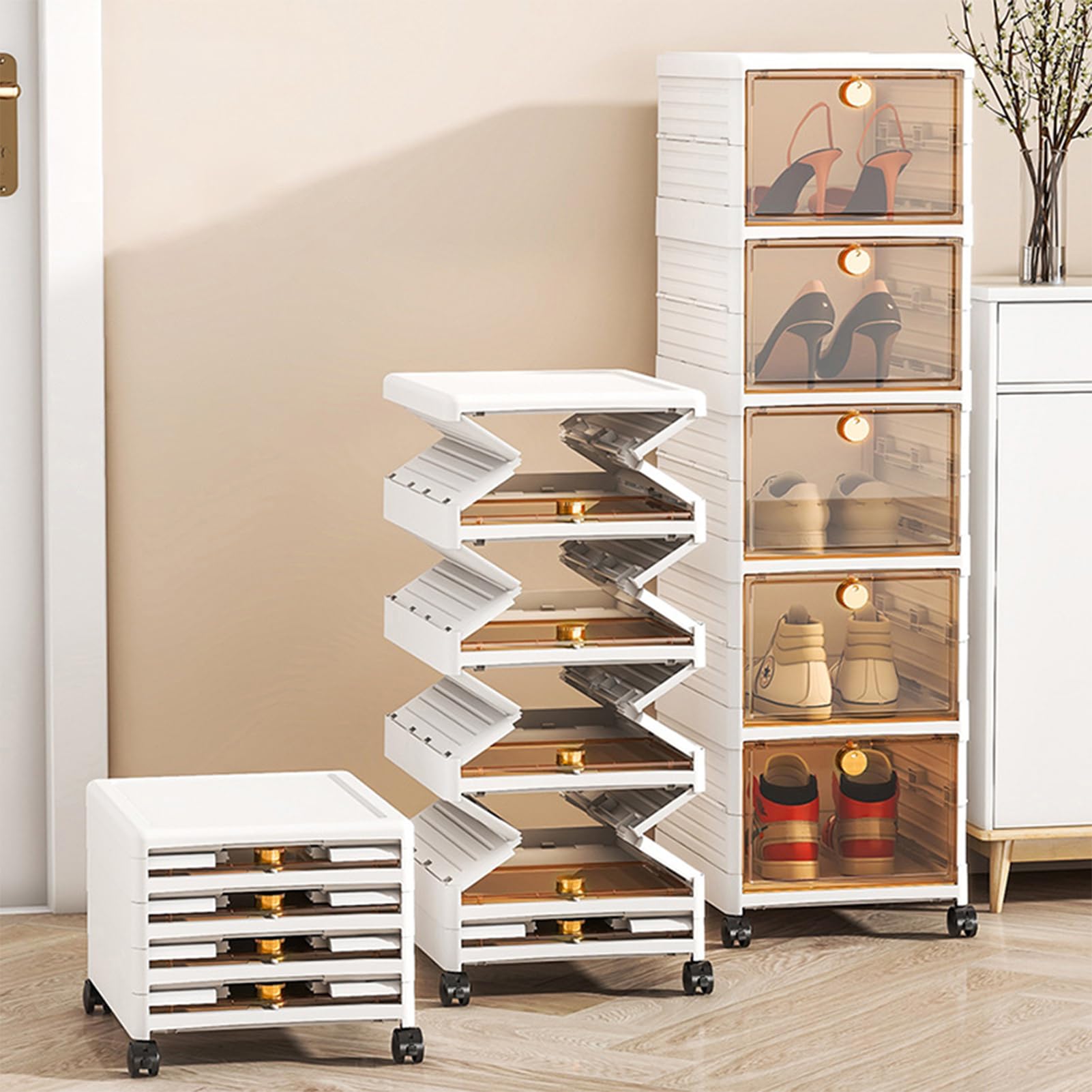 5-layer brown shoe box Large 5 Pack Shoe Storage Box, Brown Clear Plastic Stackable Shoe Organizer for Closet, Space Saving Foldable Shoe Rack Sneaker Container Bin Holder