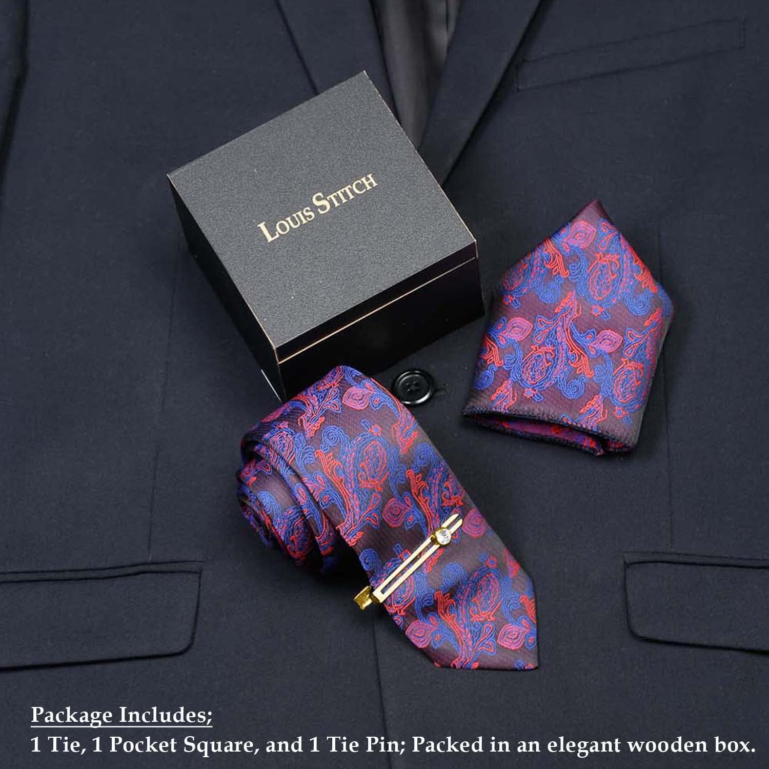 LOUIS STITCH Mens Multicolor Italian Style Silk Suit Necktie with Gold Tie Pin (Czech) 1