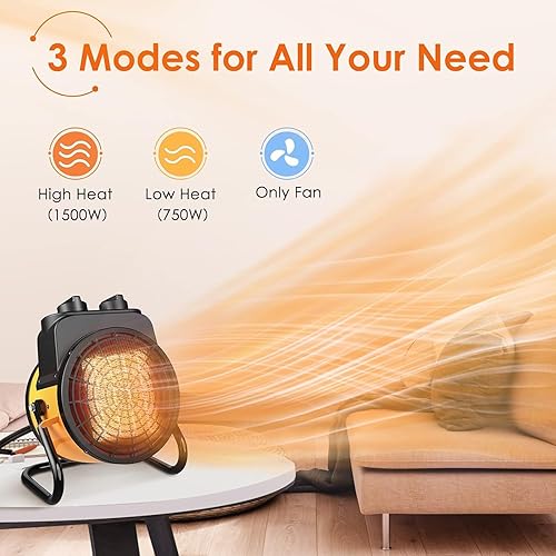 Miniatura 2 de Calentador de garaje para exteriores, calentador de espacio portátil con señor de 6.56 pies de largo, calentador de espacio con 3 modos, calor
