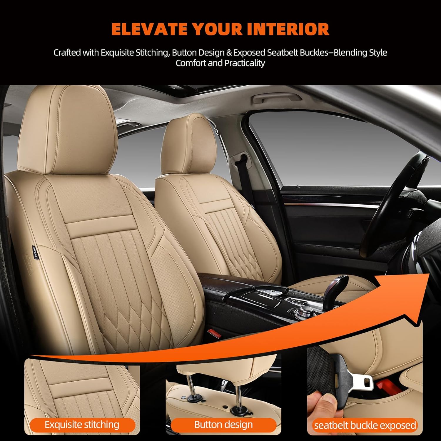 KEYOOG 2-Seater Waterproof and Breathable Nappa Leather Car Seat Covers Full Set, Fit for Front Seats of Cars, Compatible with Airbags, Car Seat Protector Covers for Most Cars - Beige