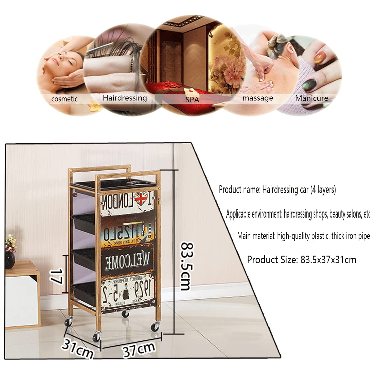 Concise Vintage Home Carrello con Telaio in Metallo Argento Carrello Parrucchiere su Ruote con 5 Ripiani a Cassetto,per Barbiere Estetista Massaggi Tatuaggi Manicure Bianco