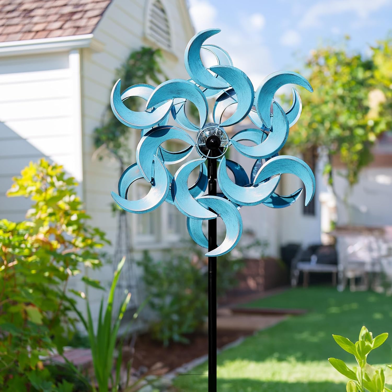 87" Wind Spinner Outdoor with Solar Light, Large Metal Wind Sculptures Spinners, Windmill for Garden Yard Patio Lawn Decor - Azure Moon (23" W x 87" H)