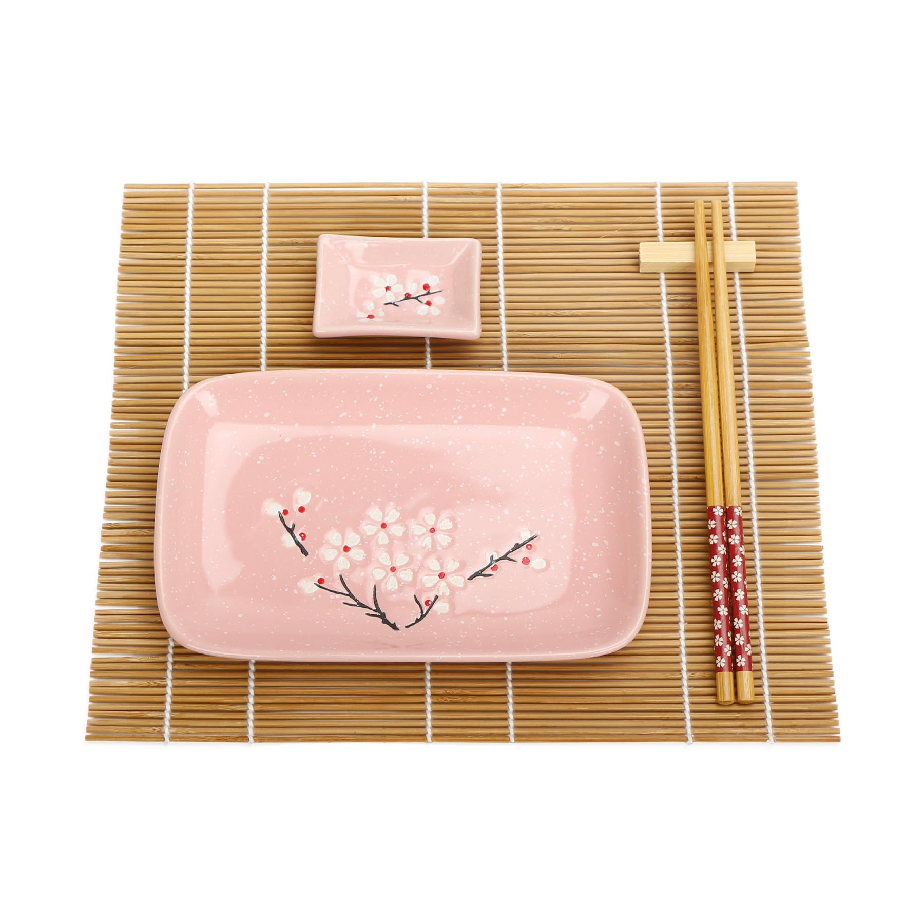 Exzact 10-teiliges Sushi-Set – 2 x Sushi-Teller, 2 x Dip-Schalen, 2 x Bambus-Tischsets, 2 x Bambus-Essstäbchen, 2 Paar Essstäbchen – hochwertiges Porzellan