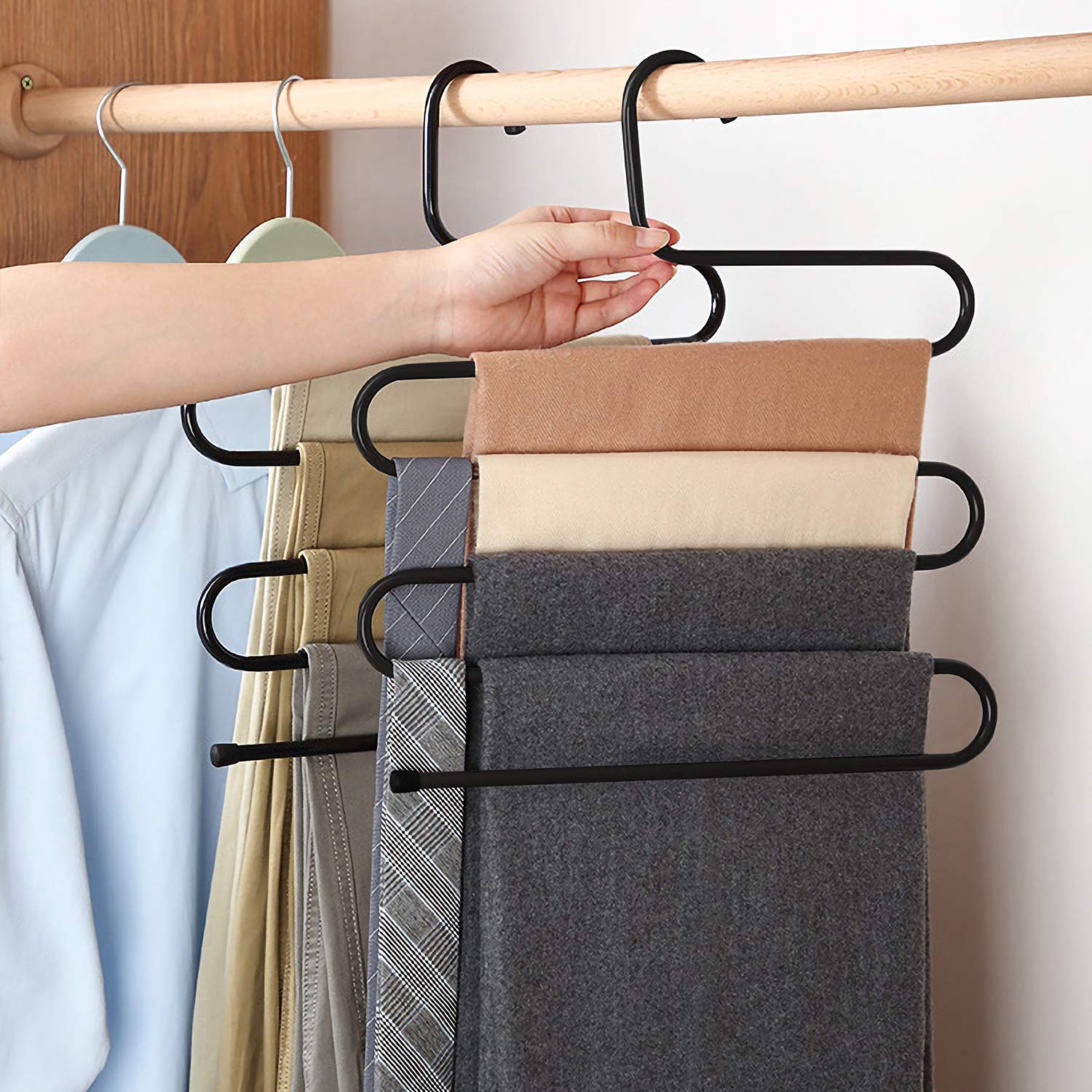DOIOWN 6 Stück Hosenbügel S-Form Edelstahl Kleiderbügel platzsparend Kleiderschrank Organizer für Hosen Jeans Schal (5 Schichten, Stück) Schwarz -