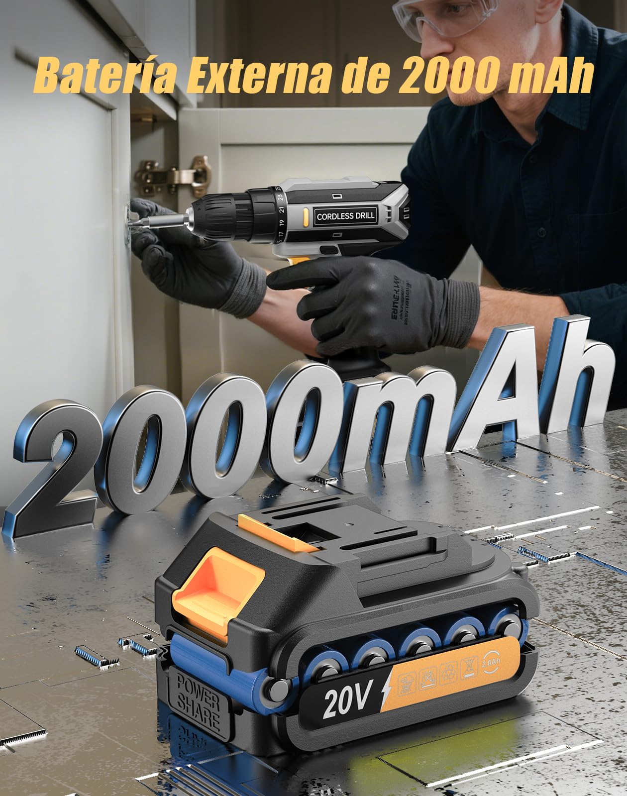 Taladro Atornillador Inalámbrico 20V, Taladro Atornillador Bateria 42Nm con 25+1 Ajustes de Torque, Luz LED, Kit 56 Piezas, Destornillador Eléctrico para Bricolaje en Casa y Jardín, Gris