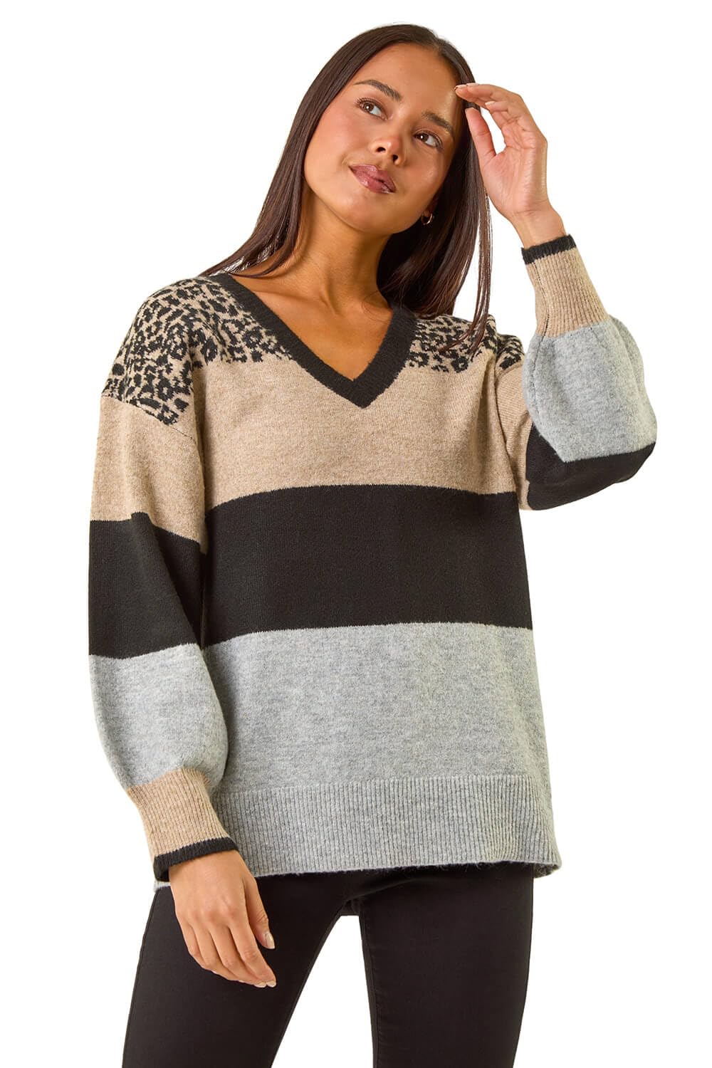 Roman Originals Women's Petite Stone Roman V-Neck Jumper For Uk Boyfriend Fit Slouch Sweater Winter Autumn Textured Casual Flattering Knit Pullover Knitwear Daywear Lightweight Lounge - Size 18