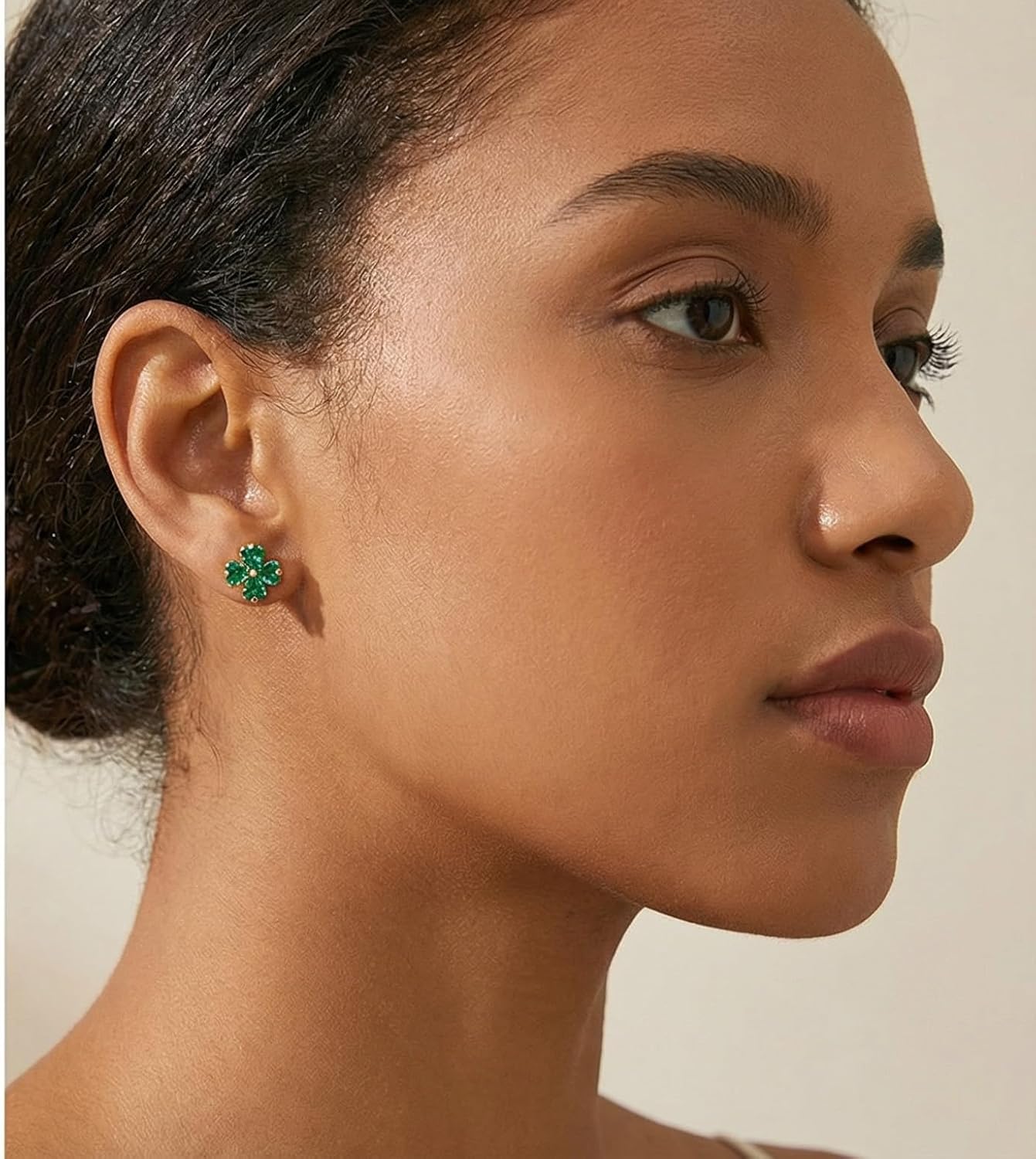 Reffeer Solid 925 Sterling Silver Four Leaves Clover Earrings Studs for Women Teen Girls Heart Cut Green CZ Clover Studs Earrings Leaf