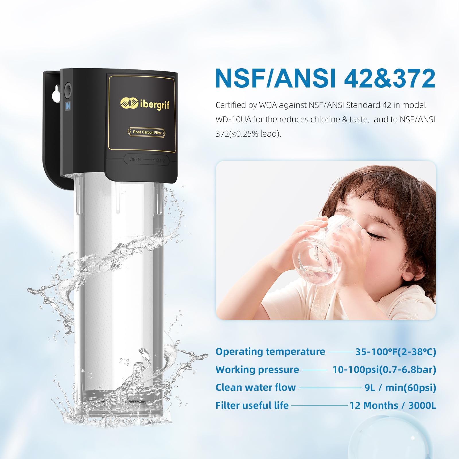 Ibergrif Sistema de Filtro de Agua para Debajo del Fregadero, Certificado NSF/ANSI 42, Reduce Cloro, Plomo, Fluoruro, Mal Sabor y Olor, Instalación Rápida, Negro, M91009
