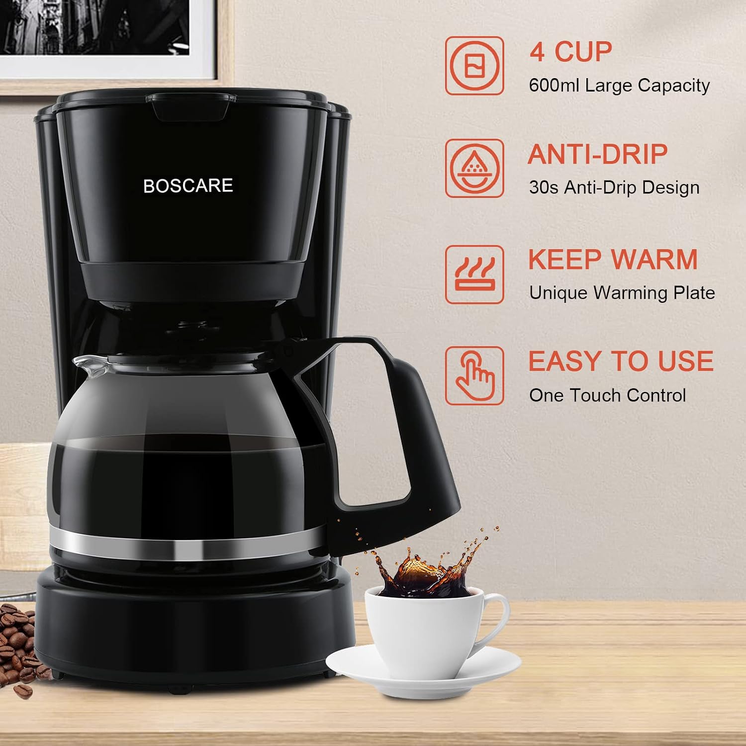 BOSCARE Programmable Coffee Maker, Drip Coffee Maker, Coffee Machine with Auto Shut-off, Strength Control (A)