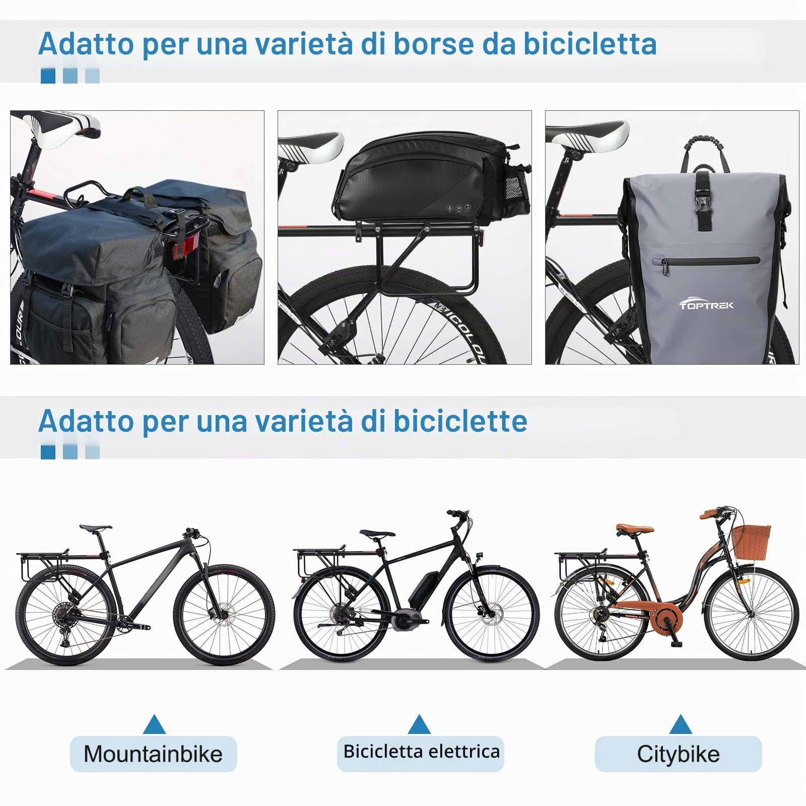 toptrek Portapacchi Mountain Bike per bicicletta da 24 – 29 pollici | Universale in lega di alluminio | Portata minima 50 kg | Portapacchi posteriore per MTB bici da strada EBike Gravel Bike