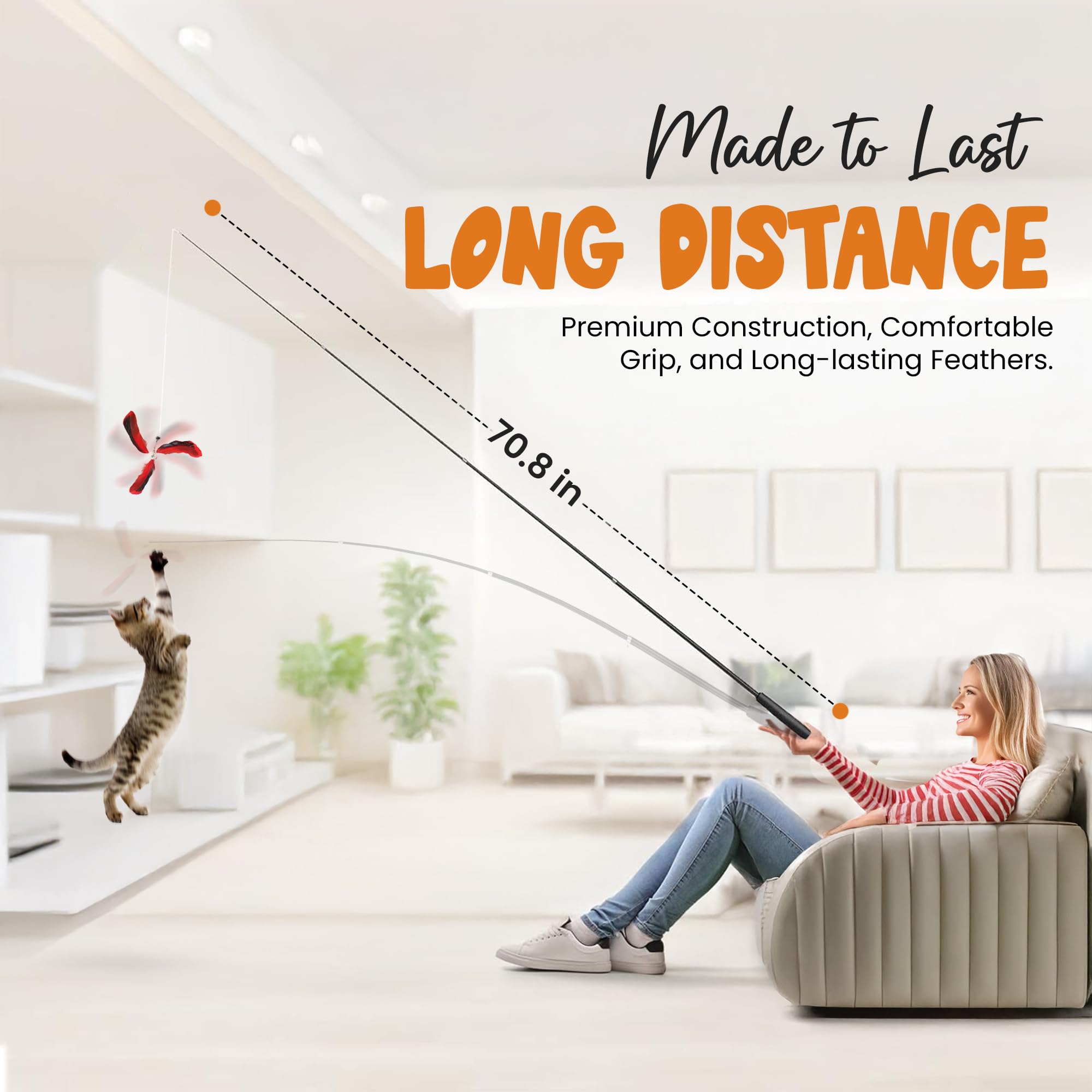 Hi Pets- Cat Wand with 4 pcs Natural Feathers, for Indoor Cats. 72 inches, cat Telescopic Wand 6 ft. Long and Flexible cat Teaser for More Fun and exitment.