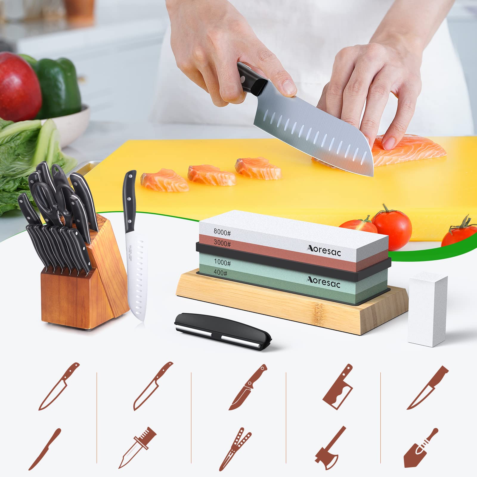 Aoresac Pietra per Affilare 4-in-1 Affilacoltelli Professionale 400/1000/3000/8000 con Guida Angolare, Pietra di Correzione, Base Bambù per Cucina