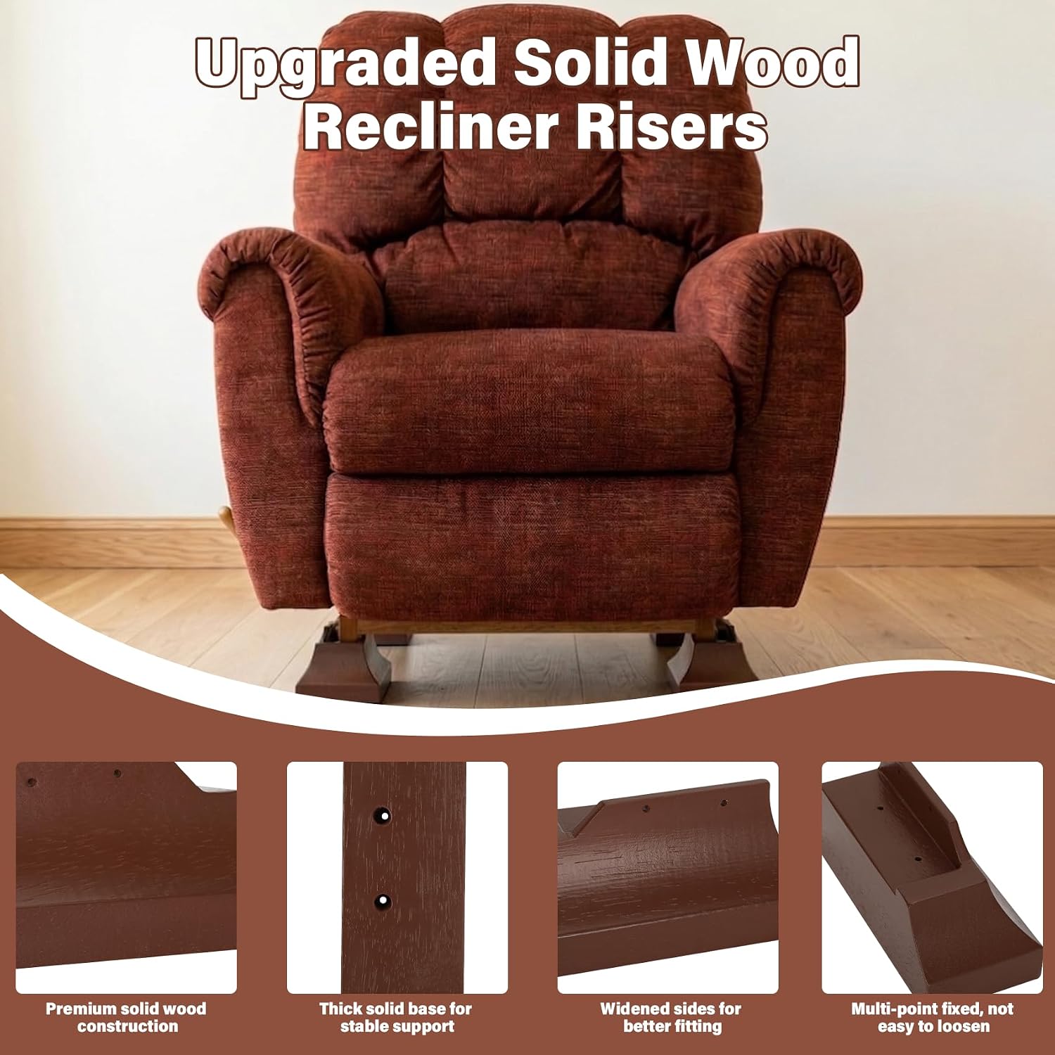 Non-Slip Recliner Risers,Chair Height Lifters for Elderly & Adults, Low Profile Assistance Blocks, Fits Wooden Base Reclining Chairs, 4 Pack Brown