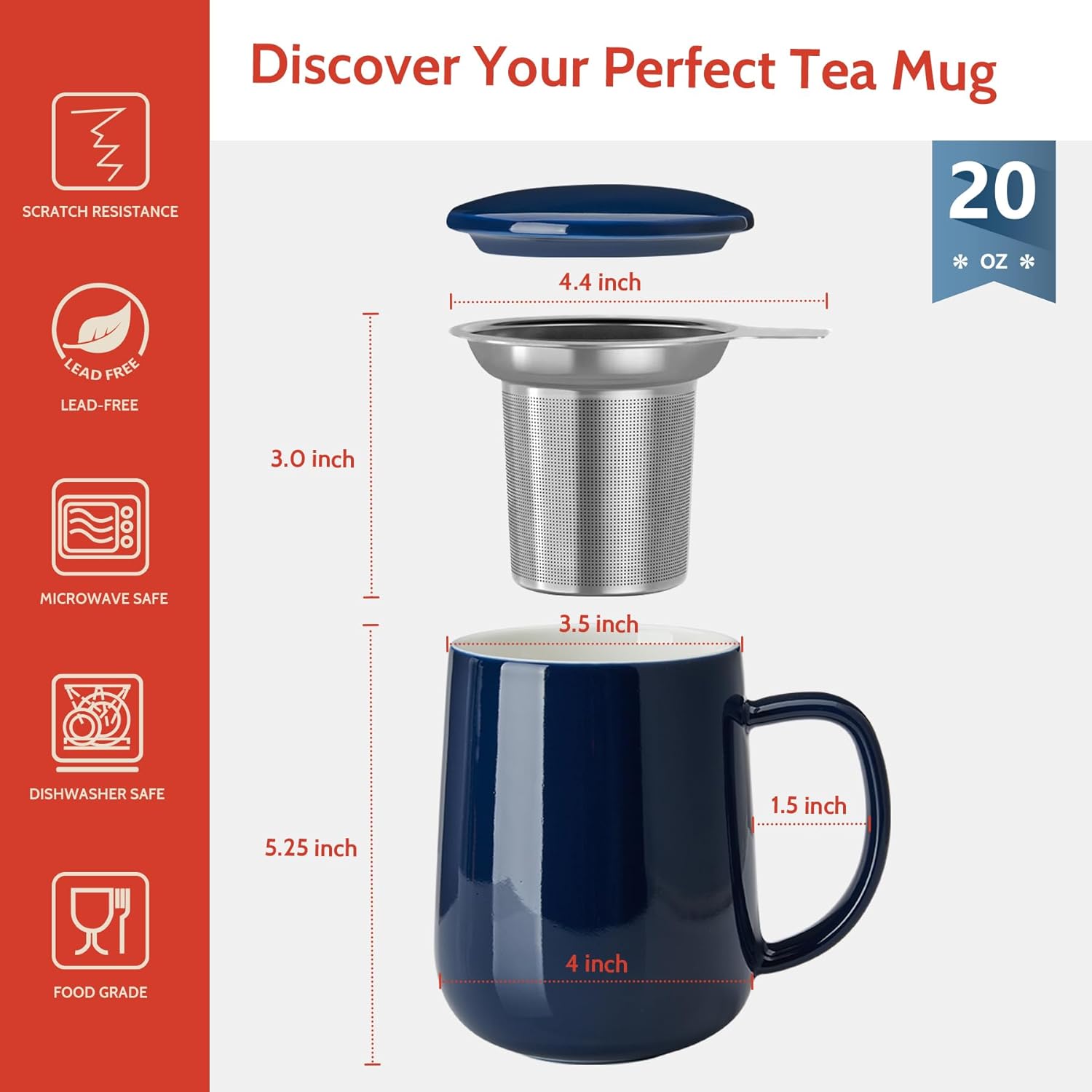 Sweese 20oz Porcelain Teacup with Infuser and Lid, Large Tea Mug for Loose Tea - Microwave and Dishwasher Safe, Insulated, Modern Design for Tea Lovers - Image 2