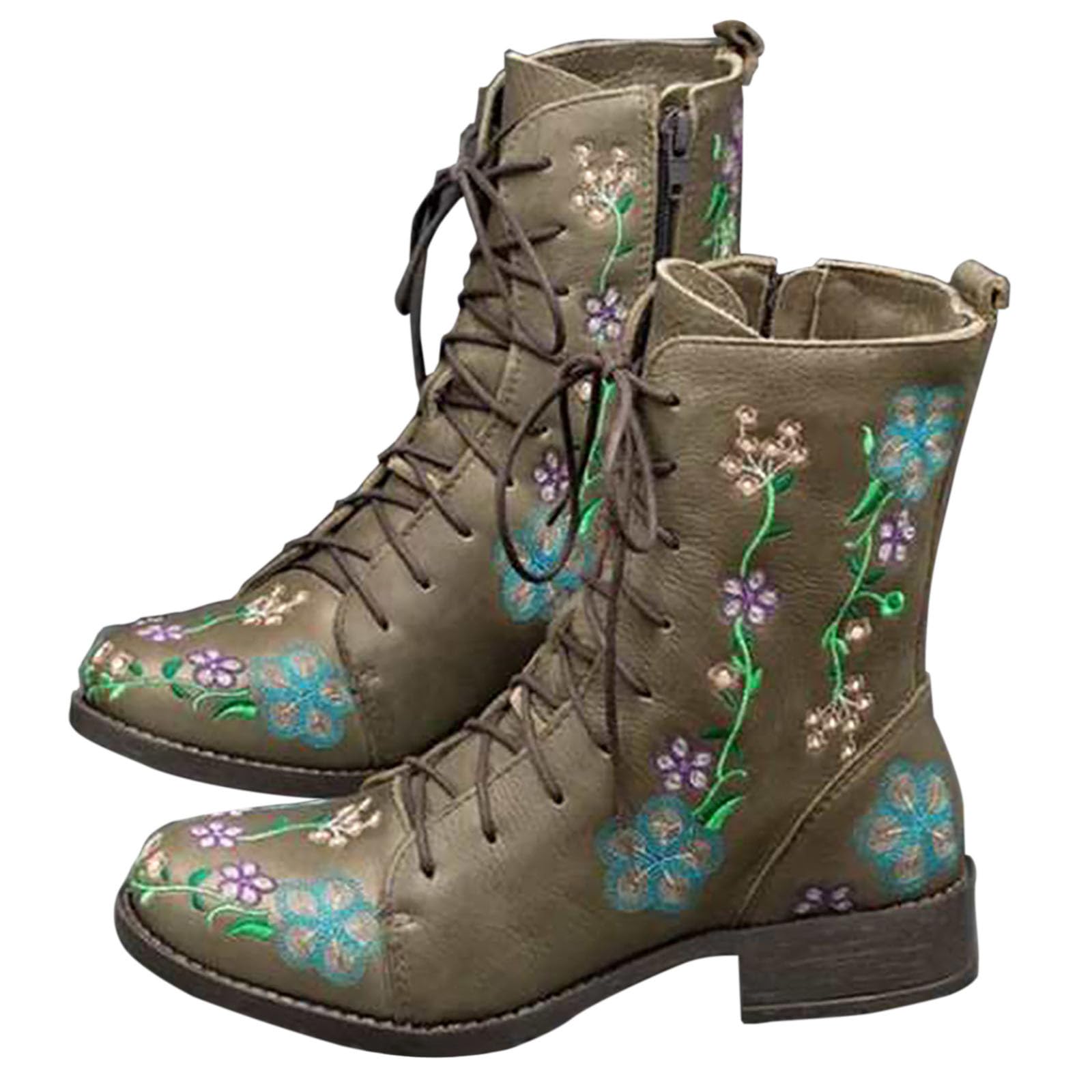 Lace Up Boots Women Casual Comfortable Low Chunky Heel Shoes Stylish Non-Slip Printed Embroidered Round Toe Side Zipper Wide Fit Combat Boots Outdoor Walking Hiking