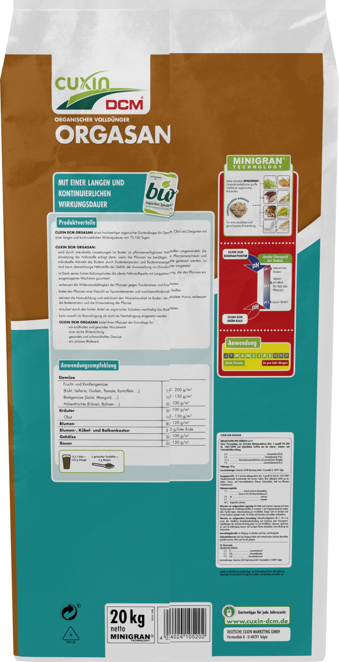 CUXIN DCM ORGASAN UNIVERSALDÜNGER - Mit MINIGRAN® TECHNOLOGY - Universaldünger - Bio Dünger - Langzeitdünger - organischer NPK-Dünger - 20 KG